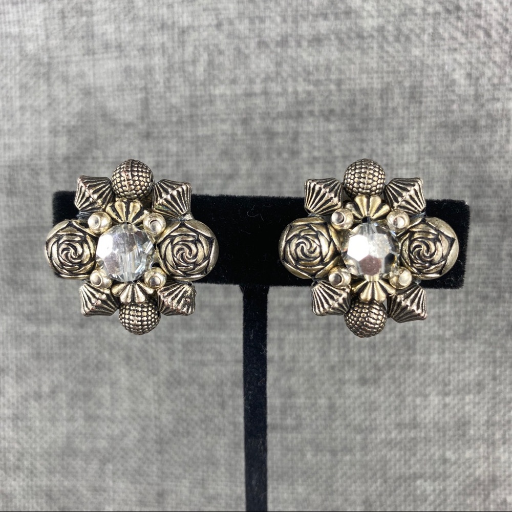 Vintage Silver Patterned Beads & Crystal Clip Ons
